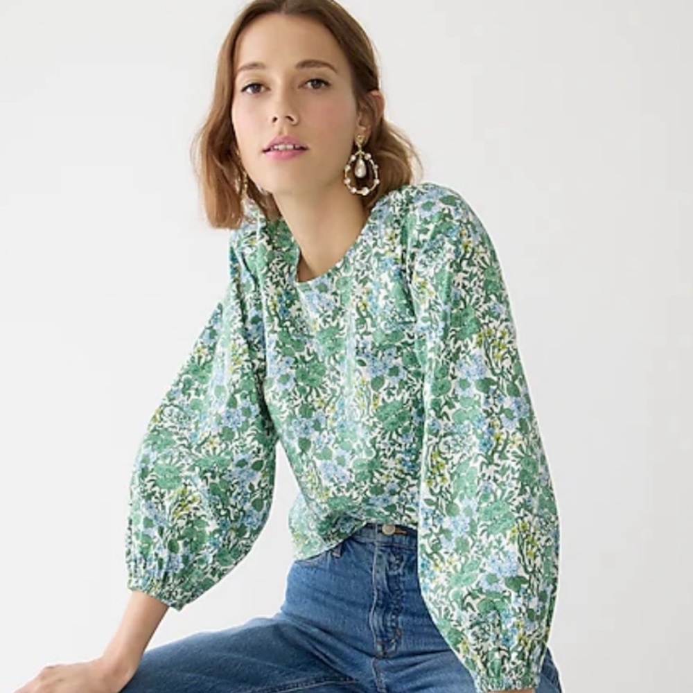 Jcrew green floral tie-back blouse